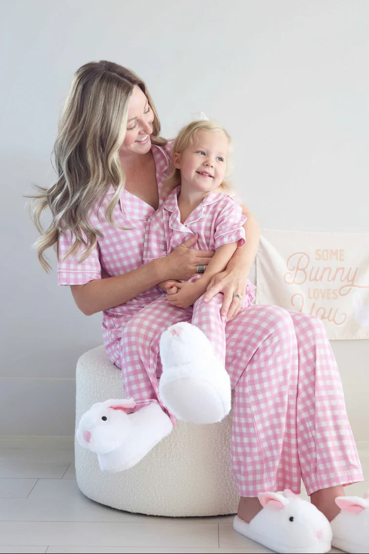 Women's Two Piece Flare Lounge Set | Pink Gingham