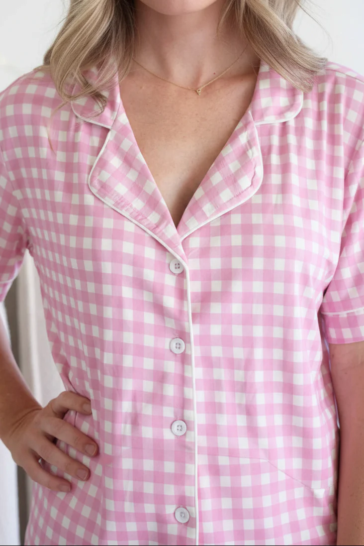 Women's Two Piece Flare Lounge Set | Pink Gingham - Image 4