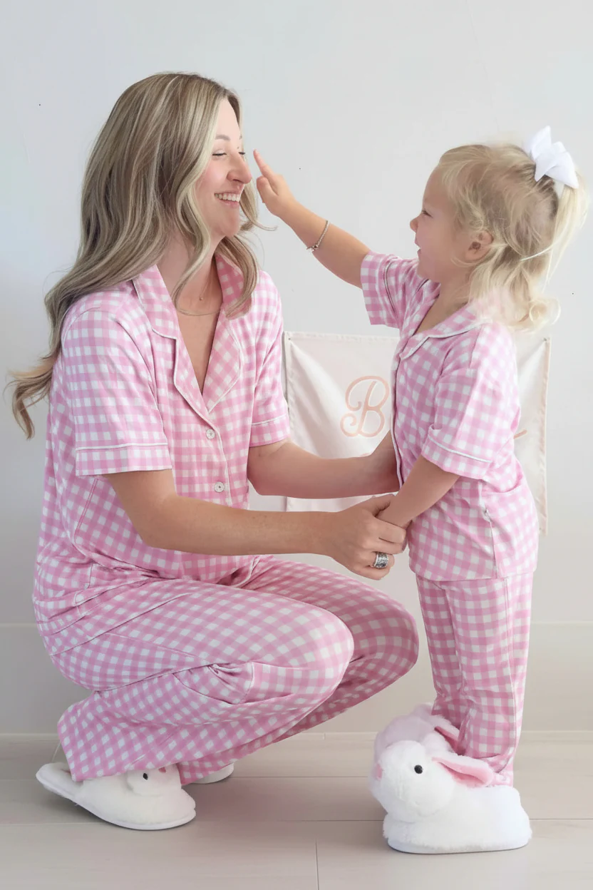 Women's Two Piece Flare Lounge Set | Pink Gingham - Image 5