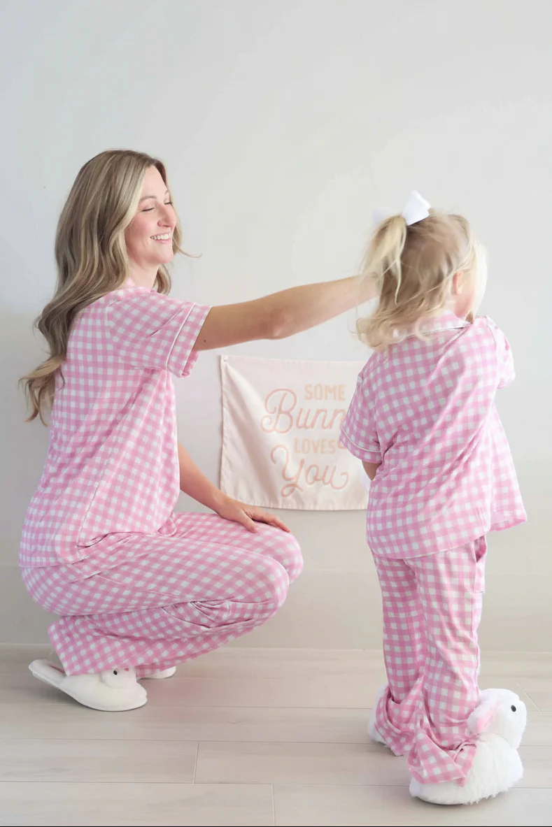 Women's Two Piece Flare Lounge Set | Pink Gingham - Image 9
