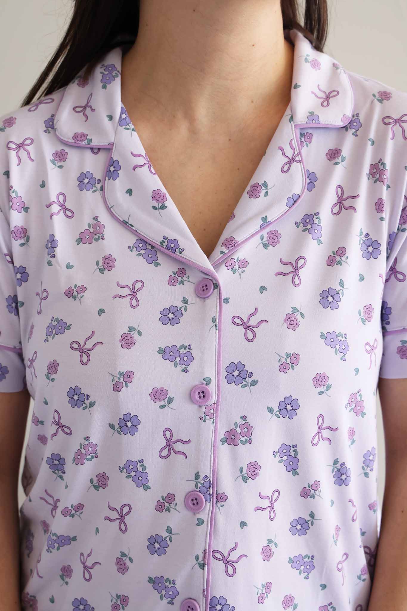 Women's Two Piece Flare Lounge Set | Ribbon & Roses Purple - Image 3